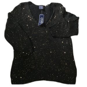 Chaps V Neck Sweater Size M Black 3/4 Sleeve Copper Sequins Cotton Blend NWT